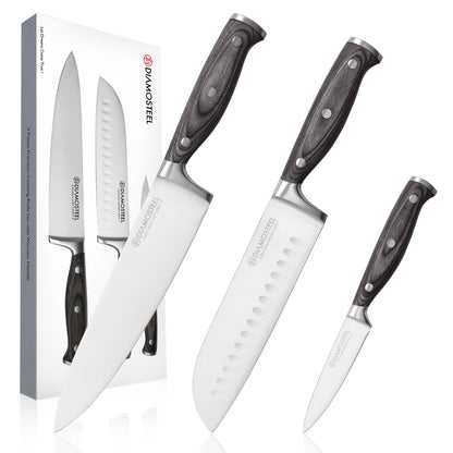 Diamosteel Kitchen Knife Set 3PCS Professional Chef Knife Set High Carbon Stainless Steel, Cooking Knife Set with Ergonomic Pakkawood Handle Gifts for Chef