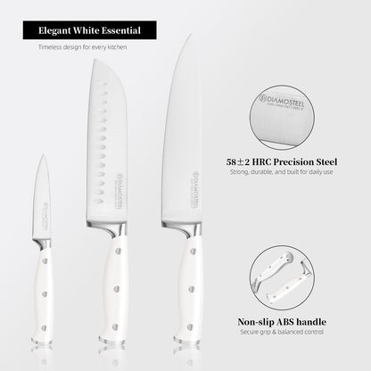 Diamosteel White Knife Set, 3-Piece Kitchen Knife Set with Chef & Santoku & Paring Knife , High Carbon Stainless Steel Knives Set for Kitchen with Ergonomic ABS Handles for Home Cooking Elegant Box