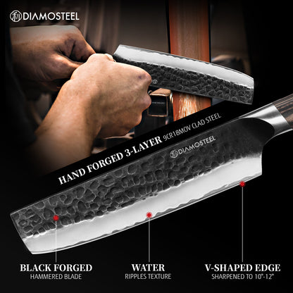 Nakiri Knife - 6.5-Inch Professional Chef's Knife - Hammered Black Oxide Blade 9CR18MOV High Carbon Stainless Steel Sharp Meat Cleaver Knife - Ergonomic Pakkawood Handle with Present Box