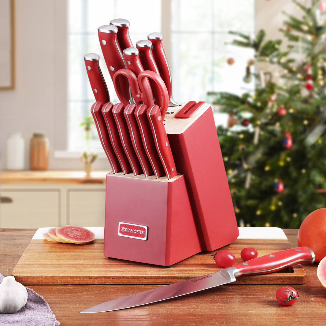Diamosteel 15 Pcs Kitchen Knife Set with Block Wooden, Knives Set for Kitchen with Block Built in Sharpener Scissors, Chef Knife Set Gift for Mom Dad (Red)