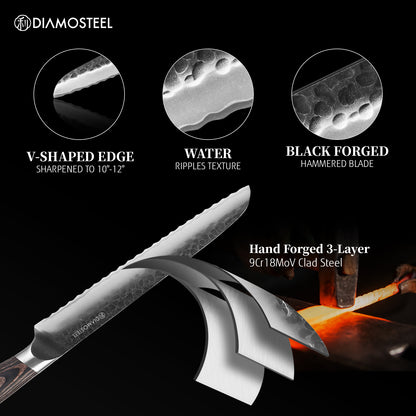 Bread Knife - 8-Inch Serrated Bread Knife - Hammered Black Oxide Blade Japanese 9CR18MOV High Carbon Stainless Steel Sharp Bread Knife - Ergonomic Pakkawood Handle with Present Box