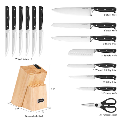 Diamosteel 15 Pcs Kitchen Knife Set with Block Wooden, Knives Set for Kitchen with Block Built in Sharpener Scissors, Chef Knife Set Gift for Mom Dad (Natural)