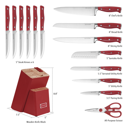 Diamosteel 15 Pcs Kitchen Knife Set with Block Wooden, Knives Set for Kitchen with Block Built in Sharpener Scissors, Chef Knife Set Gift for Mom Dad (Red)
