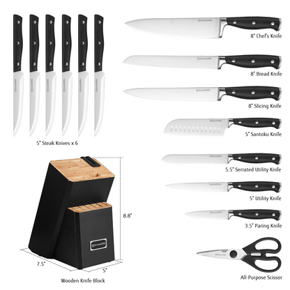 Diamosteel 15 Pcs Kitchen Knife Set with Block Wooden, Knives Set for Kitchen with Block Built in Sharpener Scissors, Chef Knife Set Gift for Mom Dad (Black)