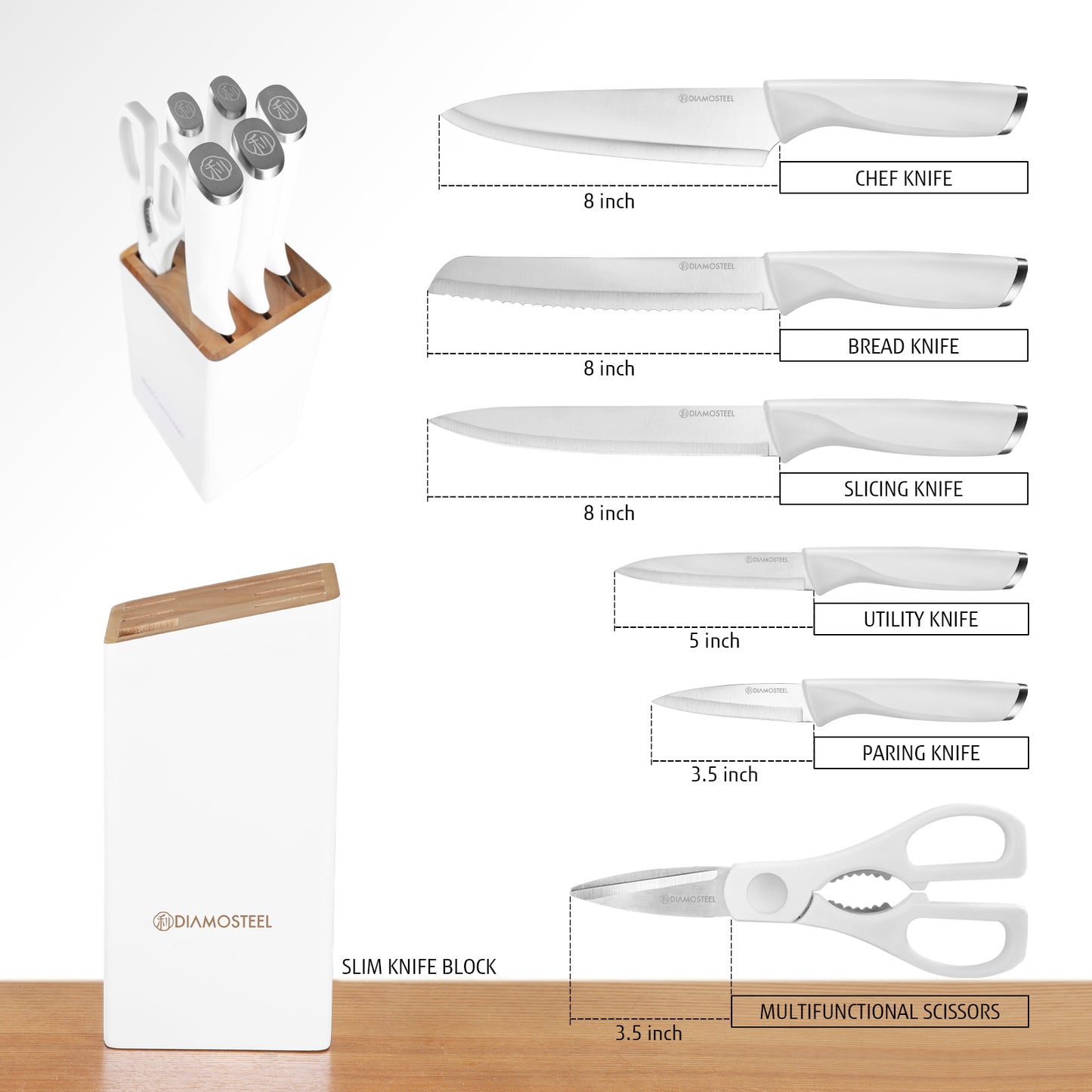 White Knife Set with Block, 7 Pieces Sharp Knife Block Set with Stainless Steel Blade and Ergonomic Handle, Chef, Slicing, Bread, Utility, Paring Knife, Kitchen Scissors and Wooden Block