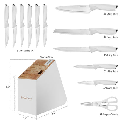 Diamosteel 13 Piece Kitchen Knife Set with Block Wooden, Knife Set for Kitchen with Built in Sharpener Scissors, Stainless Steel Knife Set Gift for Mom Dad (White)