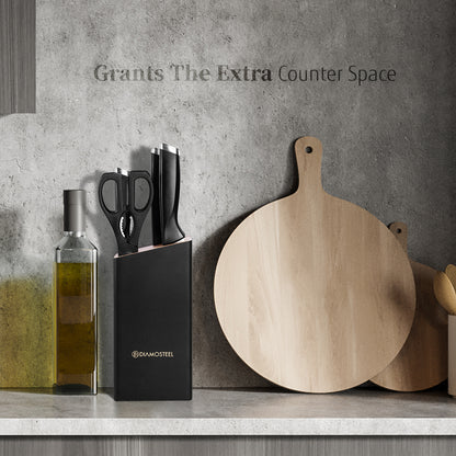 Black Knife Set with Block, 7 Pieces Sharp Knife Block Set with Stainless Steel Blade and Ergonomic Handle, Chef, Slicing, Bread, Utility, Paring Knife, Kitchen Scissors and Wooden Block