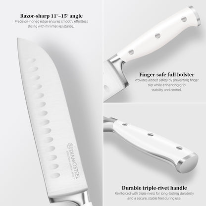 Diamosteel White Knife Set, 3-Piece Kitchen Knife Set with Chef & Santoku & Paring Knife , High Carbon Stainless Steel Knives Set for Kitchen with Ergonomic ABS Handles for Home Cooking Elegant Box