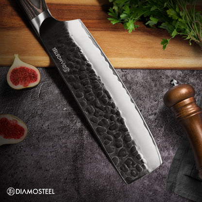 Nakiri Knife - 6.5-Inch Professional Chef's Knife - Hammered Black Oxide Blade 9CR18MOV High Carbon Stainless Steel Sharp Meat Cleaver Knife - Ergonomic Pakkawood Handle with Present Box