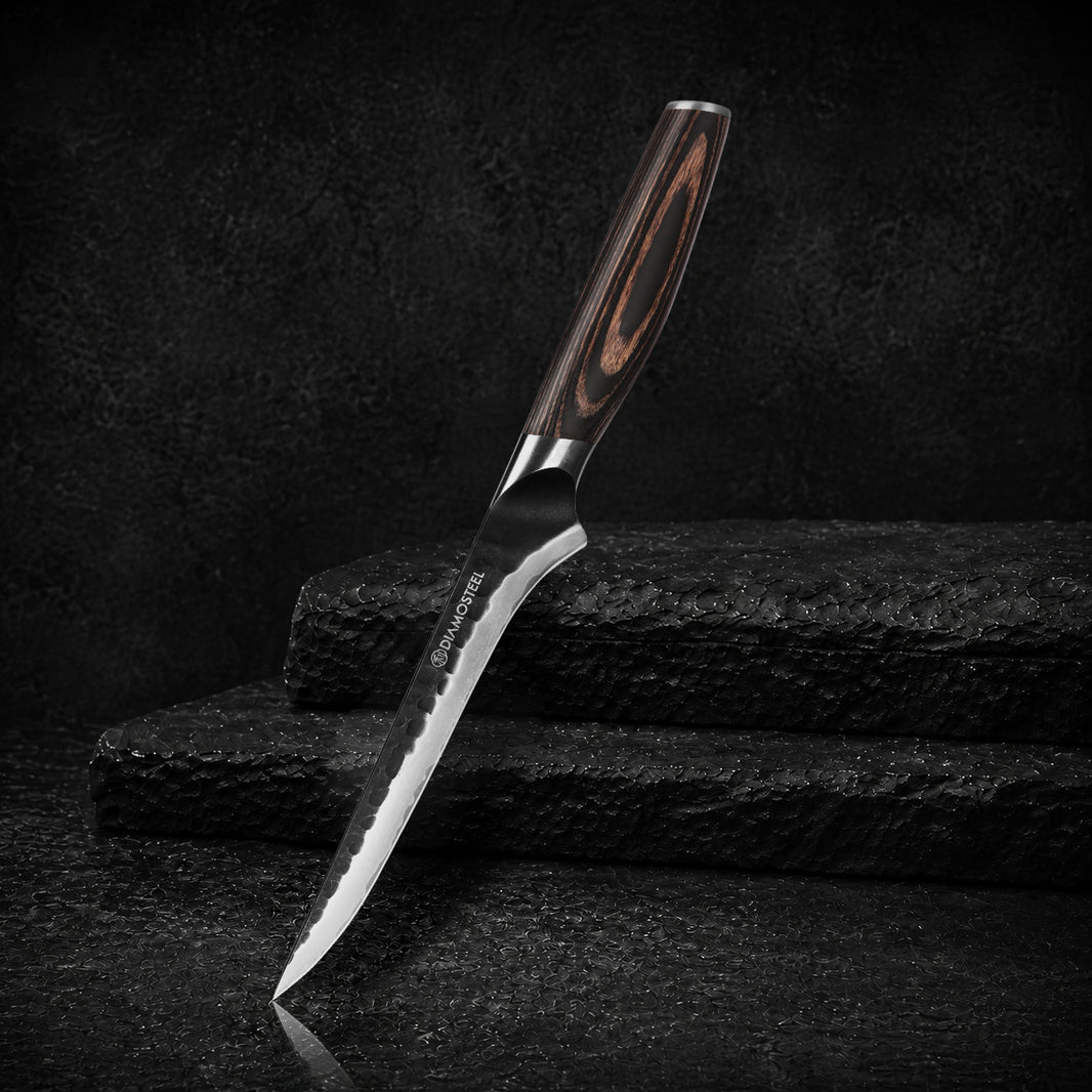 6.5-Inch Boning Knife - Sharp Fillet Knife Hammered Black Oxide Blade Japanese 9CR18MOV High Carbon Stainless Steel - Ergonomic Pakkawood Handle with Present Box