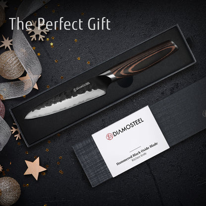 Utility Knife - 5-Inch Professional Kitchen Utility Knife - Hammered Black Oxide Blade Japanese 9CR18MOV High Carbon Stainless Steel - Ergonomic Pakkawood Handle with Present Box