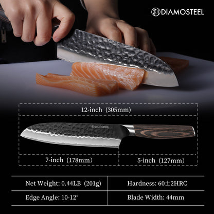 Santoku Knife - 7-Inch Professional Kitchen Knife - Hammered Black Oxide Blade Japanese 9CR18MOV High Carbon Stainless Steel Sharp Chef Knife - Ergonomic Pakkawood Handle with Present Box
