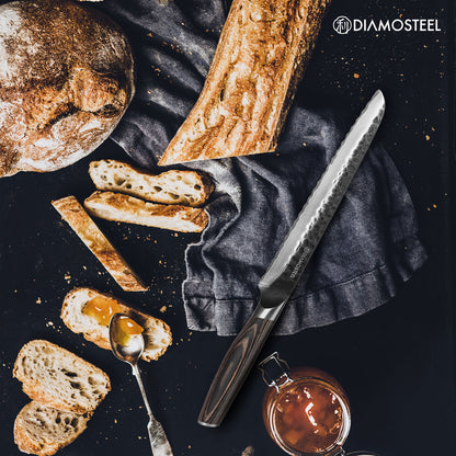 Bread Knife - 8-Inch Serrated Bread Knife - Hammered Black Oxide Blade Japanese 9CR18MOV High Carbon Stainless Steel Sharp Bread Knife - Ergonomic Pakkawood Handle with Present Box