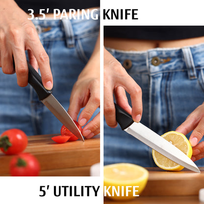 Diamosteel 13 Piece Kitchen Knife Set with Block Wooden, Knife Set for Kitchen with Built in Sharpener Scissors, Stainless Steel Knife Set Gift for Mom Dad (Black)