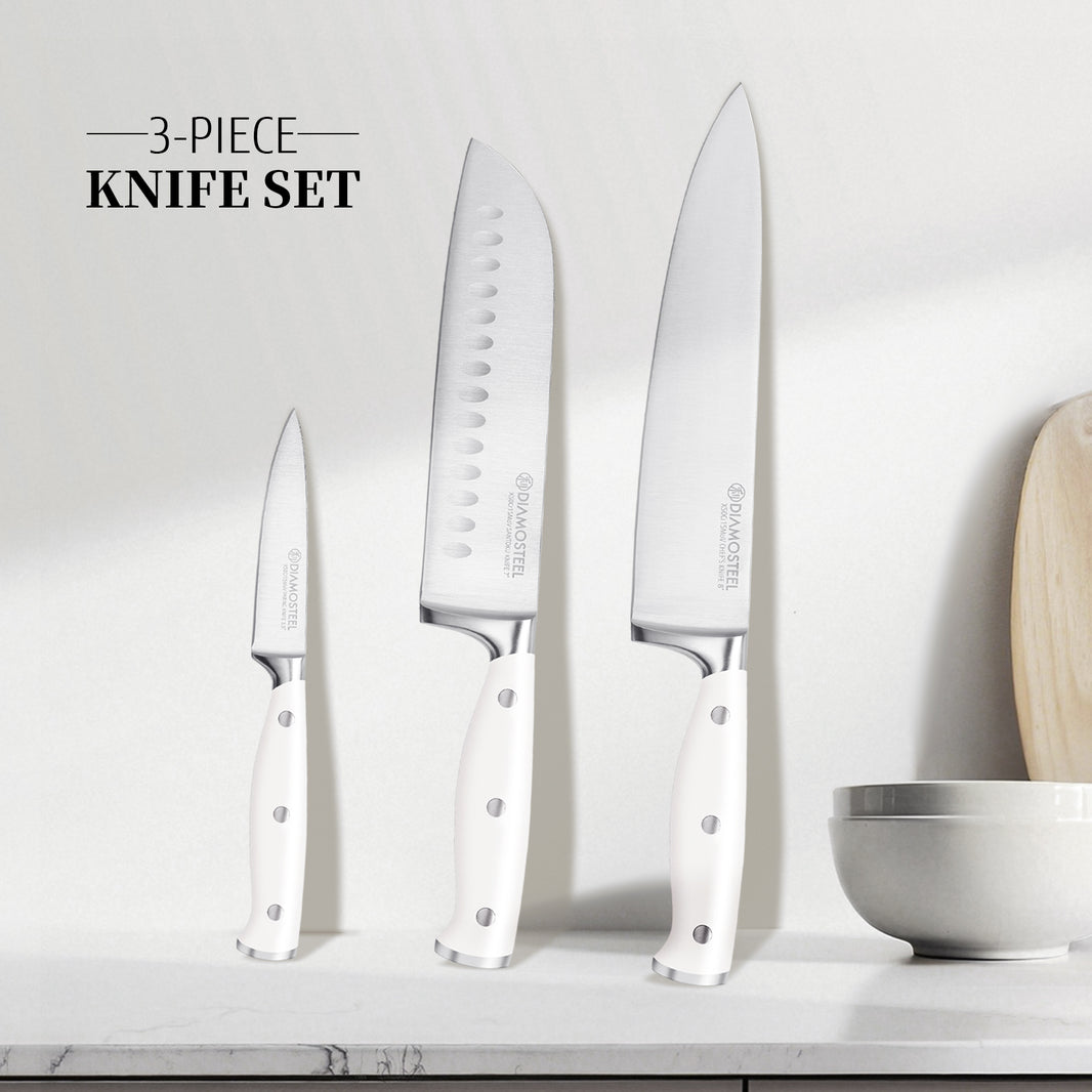 Diamosteel White Knife Set, 3-Piece Kitchen Knife Set with Chef & Santoku & Paring Knife , High Carbon Stainless Steel Knives Set for Kitchen with Ergonomic ABS Handles for Home Cooking Elegant Box