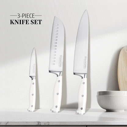 Diamosteel White Knife Set, 3-Piece Kitchen Knife Set with Chef & Santoku & Paring Knife , High Carbon Stainless Steel Knives Set for Kitchen with Ergonomic ABS Handles for Home Cooking Elegant Box