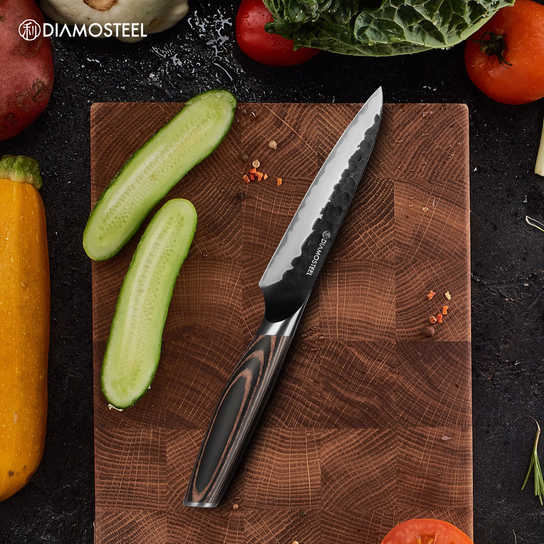 Utility Knife - 5-Inch Professional Kitchen Utility Knife - Hammered Black Oxide Blade Japanese 9CR18MOV High Carbon Stainless Steel - Ergonomic Pakkawood Handle with Present Box