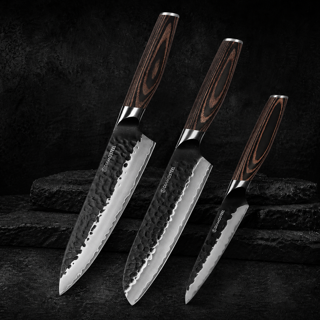 Japanese Knife Set, 3 Pieces Knives Set for Kitchen 9CR18MOV High Carbon Stainless Steel, Hammered Black Oxide Blade & Pakkawood Handle, Professional Chef Knife Set Elegant Gift for Chefs