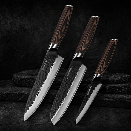 Japanese Knife Set, 3 Pieces Knives Set for Kitchen 9CR18MOV High Carbon Stainless Steel, Hammered Black Oxide Blade & Pakkawood Handle, Professional Chef Knife Set Elegant Gift for Chefs