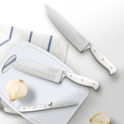Diamosteel White Knife Set, 3-Piece Kitchen Knife Set with Chef & Santoku & Paring Knife , High Carbon Stainless Steel Knives Set for Kitchen with Ergonomic ABS Handles for Home Cooking Elegant Box