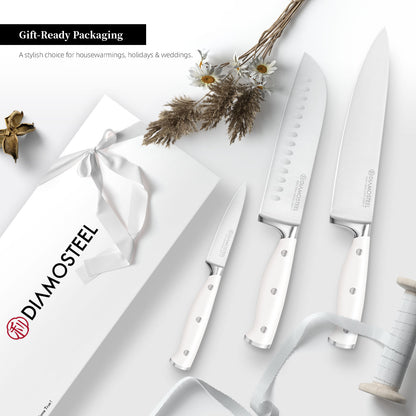 Diamosteel White Knife Set, 3-Piece Kitchen Knife Set with Chef & Santoku & Paring Knife , High Carbon Stainless Steel Knives Set for Kitchen with Ergonomic ABS Handles for Home Cooking Elegant Box