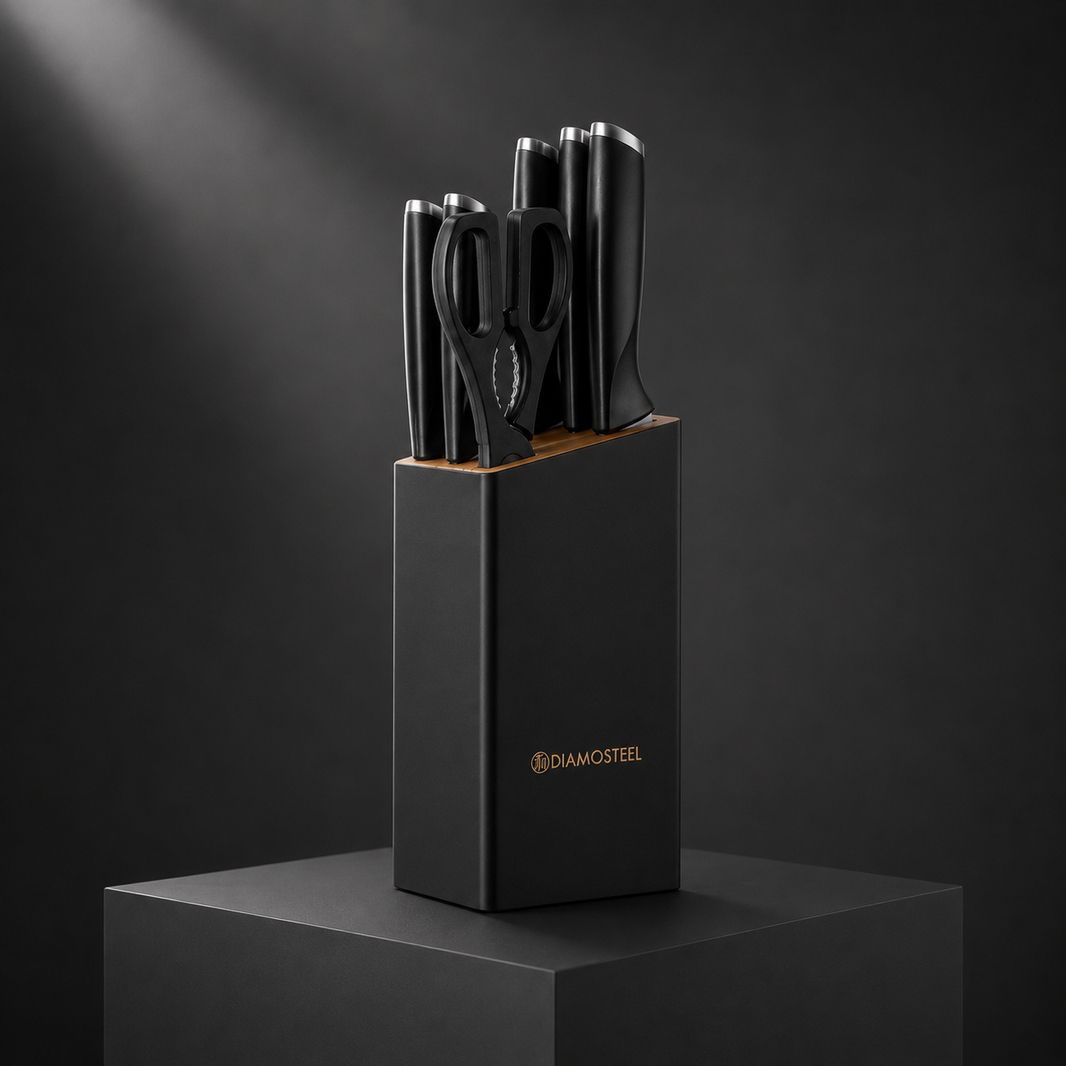 Black Knife Set with Block, 7 Pieces Sharp Knife Block Set with Stainless Steel Blade and Ergonomic Handle, Chef, Slicing, Bread, Utility, Paring Knife, Kitchen Scissors and Wooden Block