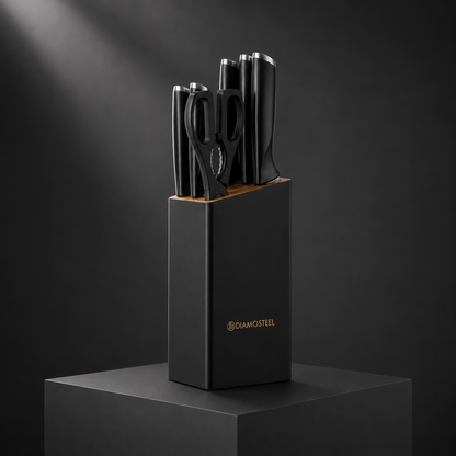 Black Knife Set with Block, 7 Pieces Sharp Knife Block Set with Stainless Steel Blade and Ergonomic Handle, Chef, Slicing, Bread, Utility, Paring Knife, Kitchen Scissors and Wooden Block