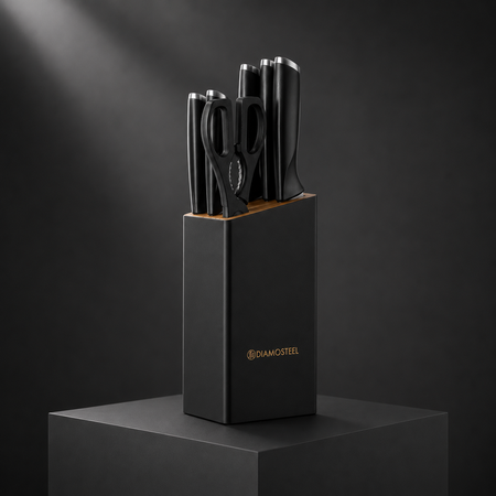 Black Knife Set with Block, 7 Pieces Sharp Knife Block Set with Stainless Steel Blade and Ergonomic Handle, Chef, Slicing, Bread, Utility, Paring Knife, Kitchen Scissors and Wooden Block