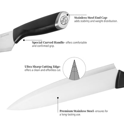 Black Knife Set with Block, 7 Pieces Sharp Knife Block Set with Stainless Steel Blade and Ergonomic Handle, Chef, Slicing, Bread, Utility, Paring Knife, Kitchen Scissors and Wooden Block