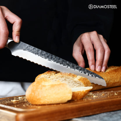 Bread Knife - 8-Inch Serrated Bread Knife - Hammered Black Oxide Blade Japanese 9CR18MOV High Carbon Stainless Steel Sharp Bread Knife - Ergonomic Pakkawood Handle with Present Box