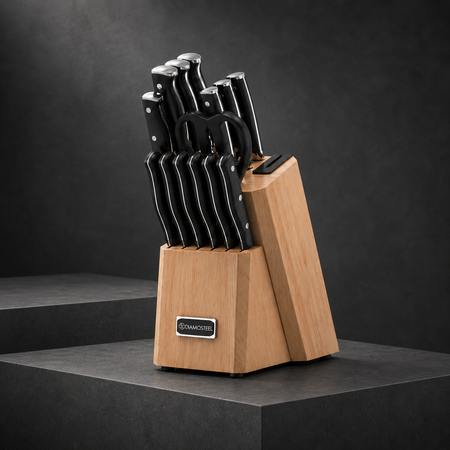 Diamosteel 15 Pcs Kitchen Knife Set with Block Wooden, Knives Set for Kitchen with Block Built in Sharpener Scissors, Chef Knife Set Gift for Mom Dad (Natural)