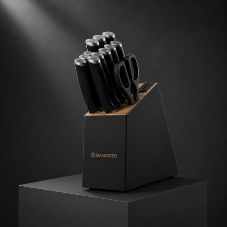 Diamosteel 13 Piece Kitchen Knife Set with Block Wooden, Knife Set for Kitchen with Built in Sharpener Scissors, Stainless Steel Knife Set Gift for Mom Dad (Black)