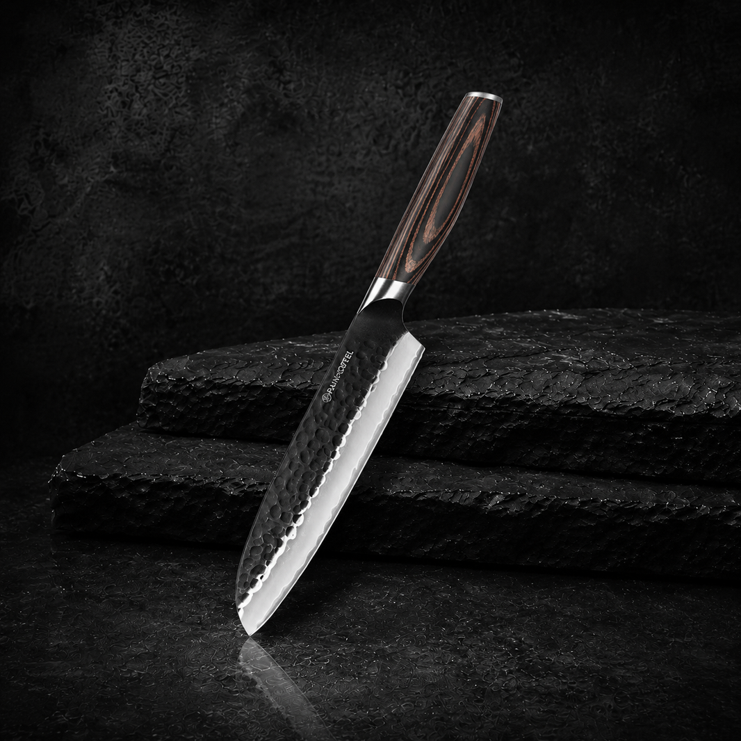 Santoku Knife - 7-Inch Professional Kitchen Knife - Hammered Black Oxide Blade Japanese 9CR18MOV High Carbon Stainless Steel Sharp Chef Knife - Ergonomic Pakkawood Handle with Present Box