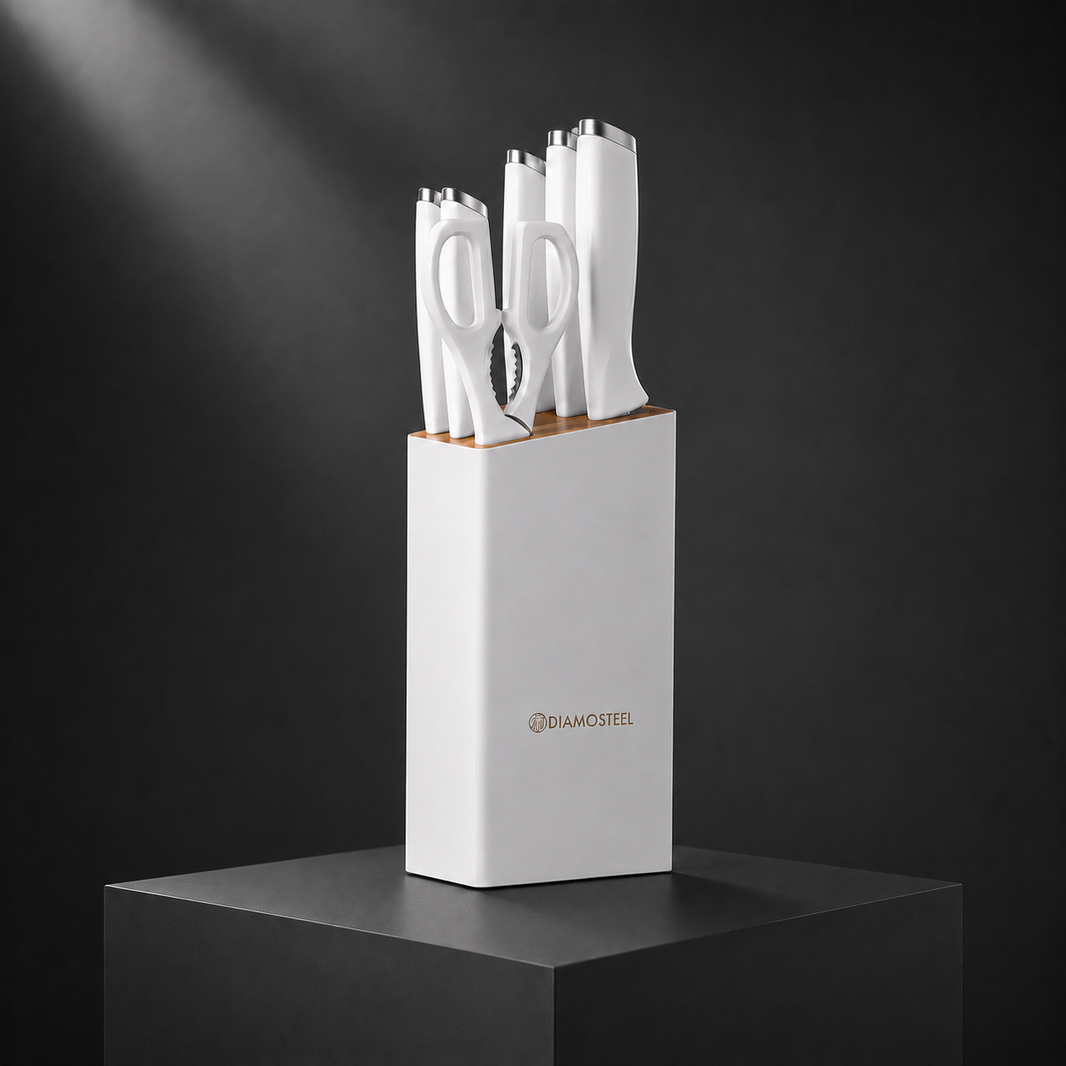White Knife Set with Block, 7 Pieces Sharp Knife Block Set with Stainless Steel Blade and Ergonomic Handle, Chef, Slicing, Bread, Utility, Paring Knife, Kitchen Scissors and Wooden Block