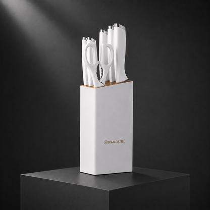 White Knife Set with Block, 7 Pieces Sharp Knife Block Set with Stainless Steel Blade and Ergonomic Handle, Chef, Slicing, Bread, Utility, Paring Knife, Kitchen Scissors and Wooden Block