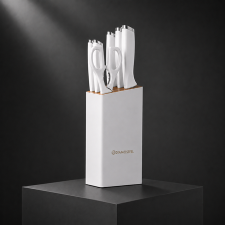 White Knife Set with Block, 7 Pieces Sharp Knife Block Set with Stainless Steel Blade and Ergonomic Handle, Chef, Slicing, Bread, Utility, Paring Knife, Kitchen Scissors and Wooden Block