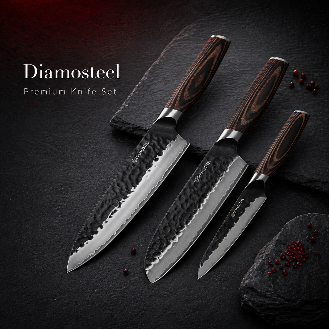 Japanese Knife Set, 3 Pieces Knives Set for Kitchen 9CR18MOV High Carbon Stainless Steel, Hammered Black Oxide Blade & Pakkawood Handle, Professional Chef Knife Set Elegant Gift for Chefs