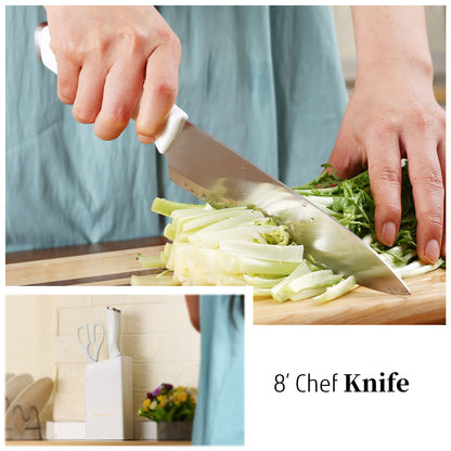 White Knife Set with Block, 7 Pieces Sharp Knife Block Set with Stainless Steel Blade and Ergonomic Handle, Chef, Slicing, Bread, Utility, Paring Knife, Kitchen Scissors and Wooden Block