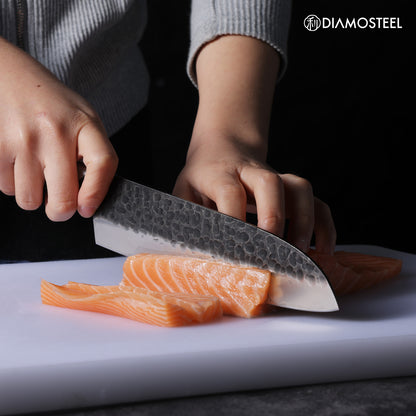 Santoku Knife - 7-Inch Professional Kitchen Knife - Hammered Black Oxide Blade Japanese 9CR18MOV High Carbon Stainless Steel Sharp Chef Knife - Ergonomic Pakkawood Handle with Present Box