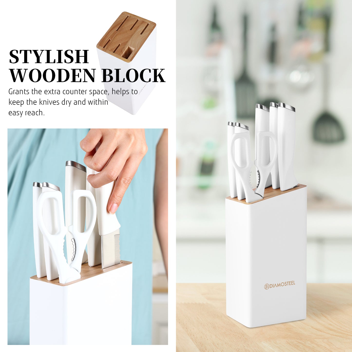 White Knife Set with Block, 7 Pieces Sharp Knife Block Set with Stainless Steel Blade and Ergonomic Handle, Chef, Slicing, Bread, Utility, Paring Knife, Kitchen Scissors and Wooden Block