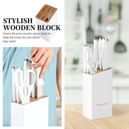 White Knife Set with Block, 7 Pieces Sharp Knife Block Set with Stainless Steel Blade and Ergonomic Handle, Chef, Slicing, Bread, Utility, Paring Knife, Kitchen Scissors and Wooden Block